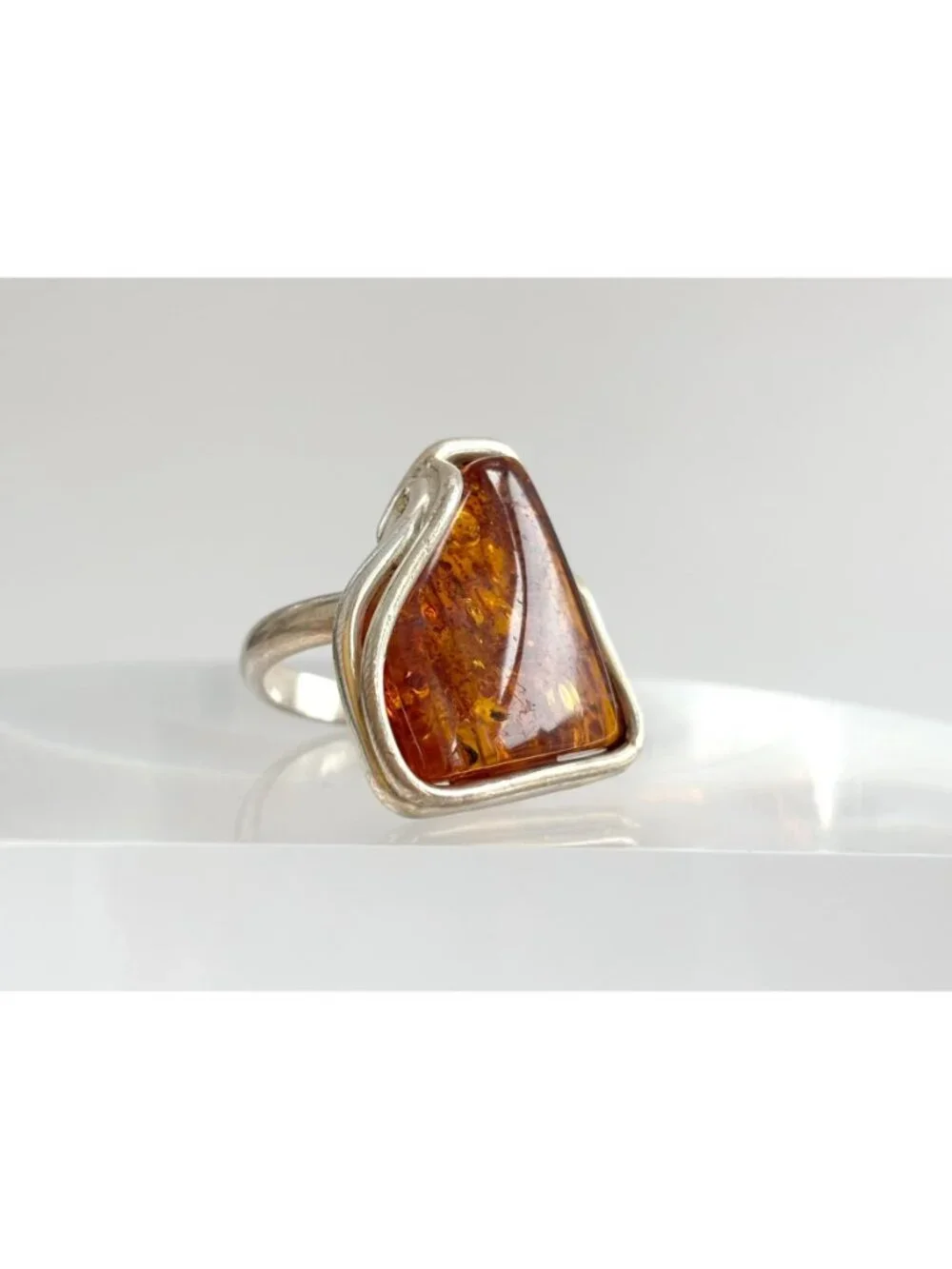 Modernist Genuine Baltic Amber Stone Sterling Silver 925 Vintage Ring - sz 9